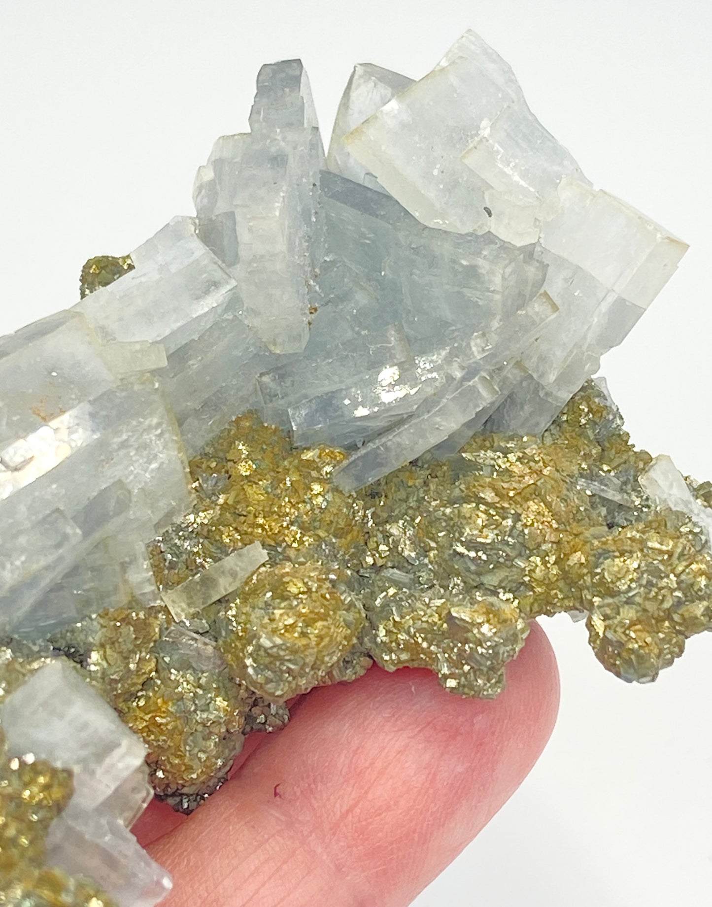 #3 Rare Yellow Edged Blue Barite Long Chain On Base Of Chalcopyrite High Quality Extra Large Specimen From Morocco 🇲🇦