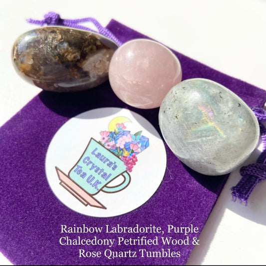 Crystal Gift Bag #7 Rainbow Labradorite, Purple Chalcedony Petrified Wood & Rose Quartz Tumbles