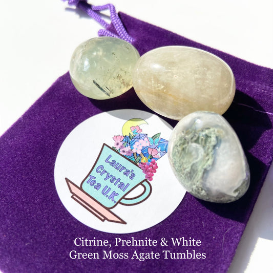 Crystal Gift Bag #2 Citrine, Prehnite & White Green Moss Agate Tumbles