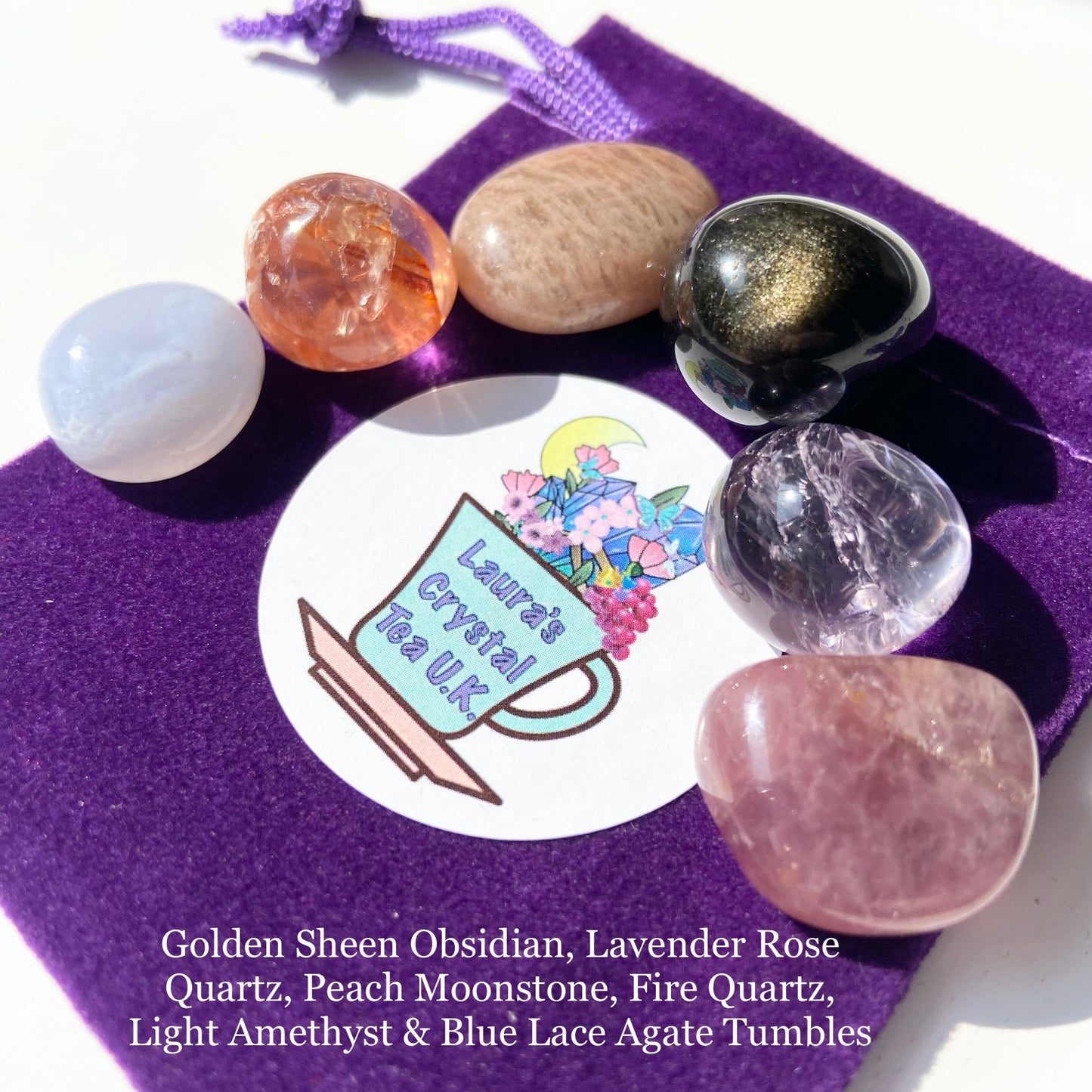 Crystal Gift Bag #4 Golden Sheen Obsidian, Lavender Rose Quartz, Peach Moonstone, Fire Quartz, Light Amethyst & Blue Lace Agate Tumbles