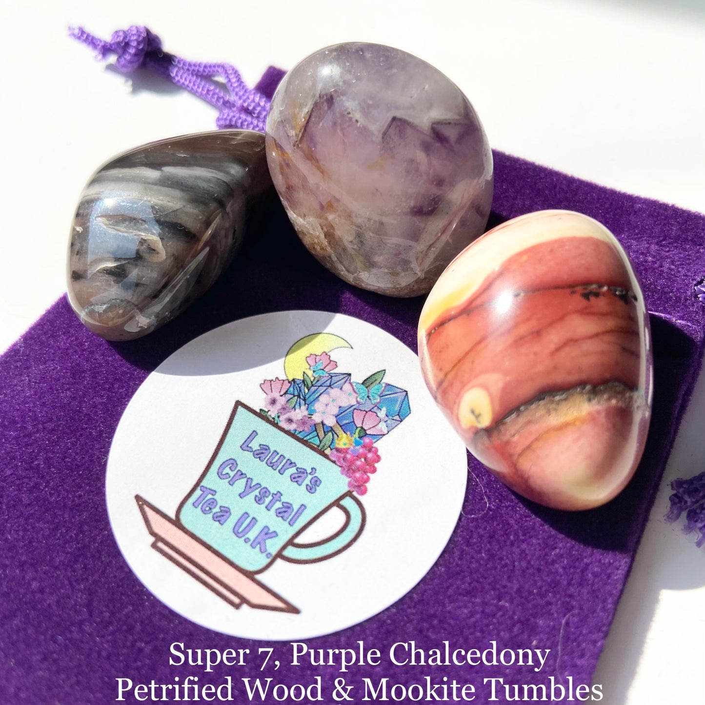 Crystal Gift Bag #8 Super 7, Purple Chalcedony Petrified Wood & Mookite Tumbles