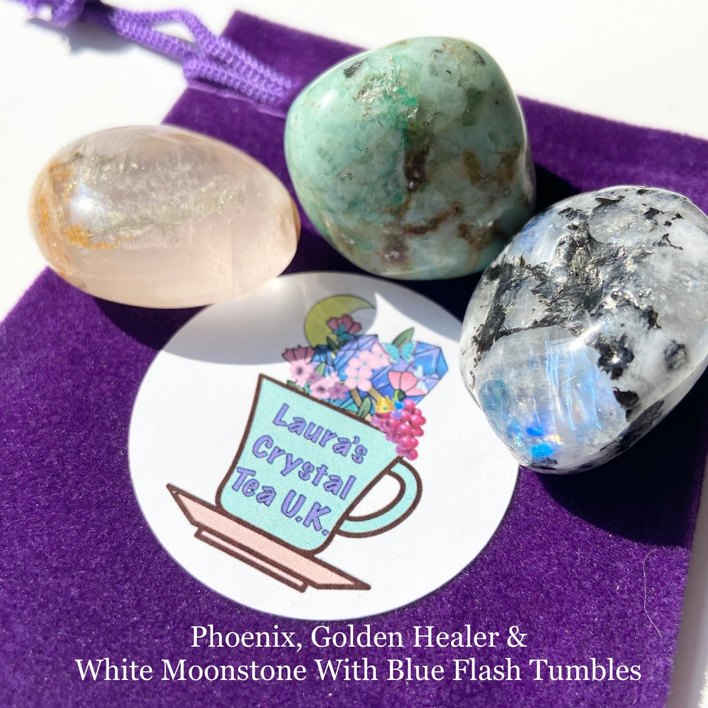 Crystal Gift Bag #9 Phoenix, Golden Healer & White Moonstone With Blue Flash Tumbles