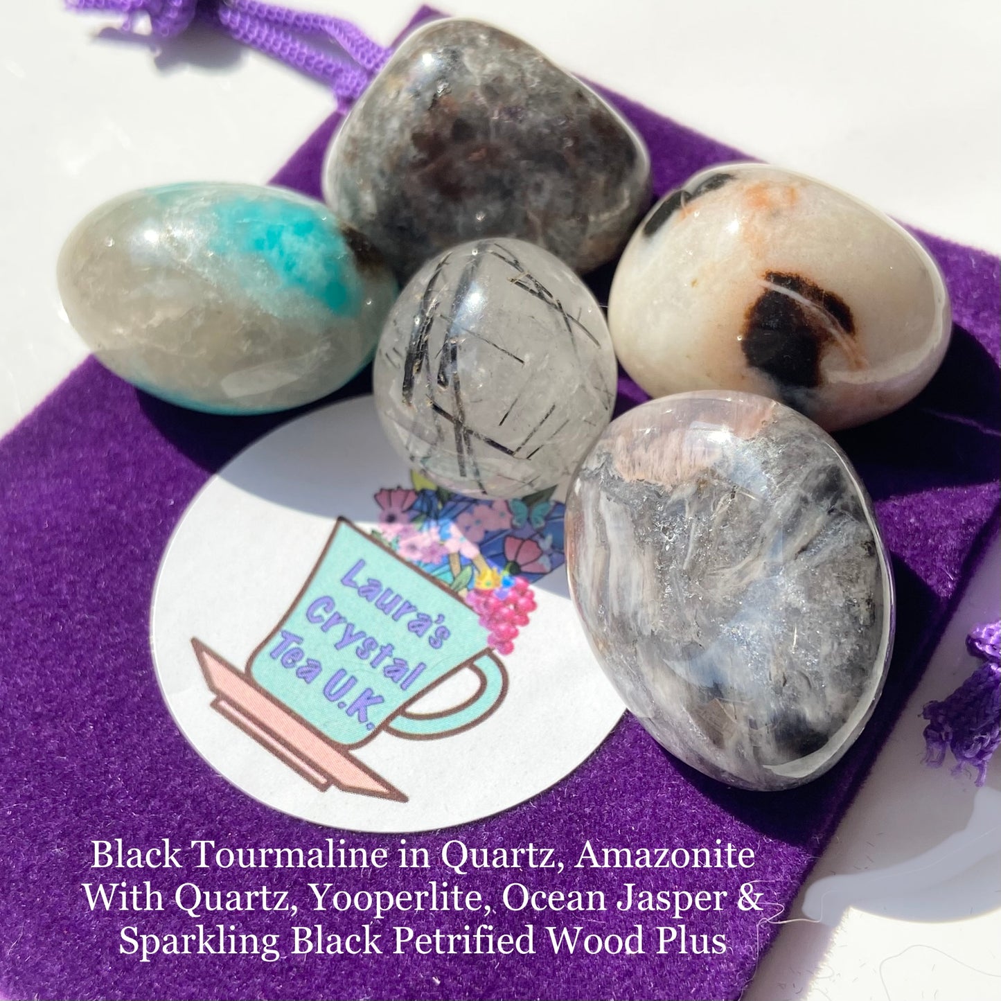 Crystal Gift Bag #15 Black Tourmaline in Quartz, Amazonite With Quartz, Yooperlite, Ocean Jasper & Sparkling Black Petrified Wood Tumbles