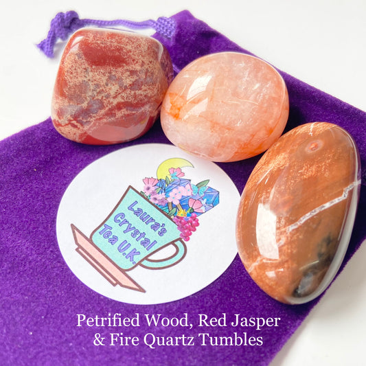 Crystal Gift Bag #1 Petrified Wood, Red Jasper & Fire Quartz Tumbles