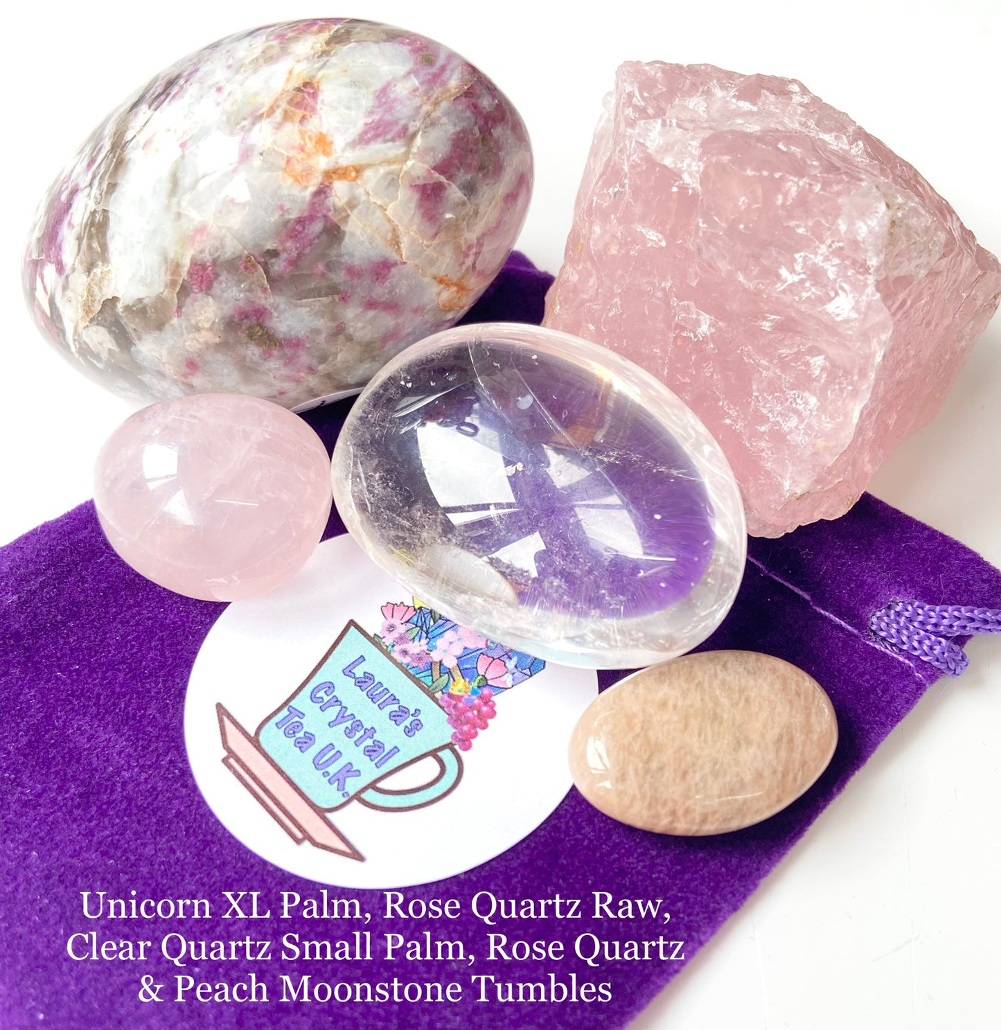 Crystal Gift Bag #17 Unicorn XL Palm, Rose Quartz Raw, Clear Quartz Small Palm, Rose Quartz & Peach Moonstone Tumbles