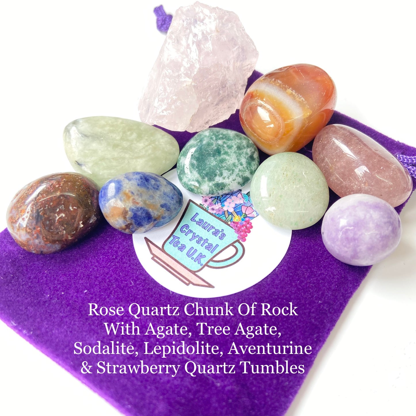 Crystal Gift Bag #18 Rose Quartz Chunk Of Rock With Agate, Tree Agate, Sodalite, Lepidolite, Aventurine & Strawberry Quartz Tumbles