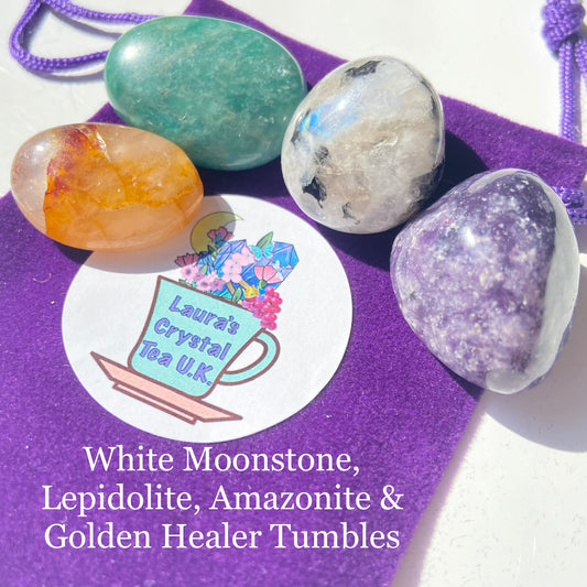 Crystal Gift Bag #20 White Moonstone, Lepidolite, Amazonite & Golden Healer Tumbles