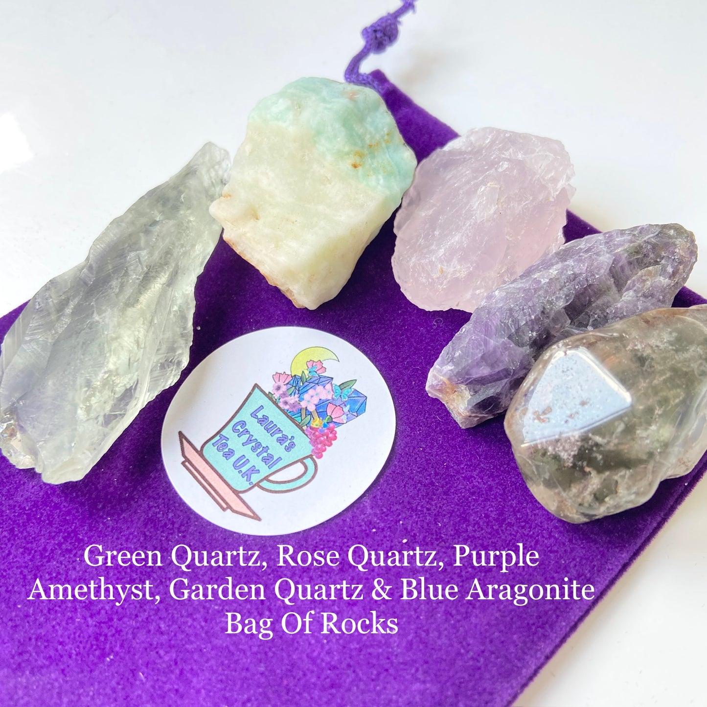 Crystal Gift Bag #25 Green Quartz, Rose Quartz, Purple Amethyst, Garden Quartz & Blue Aragonite Bag Of Rocks