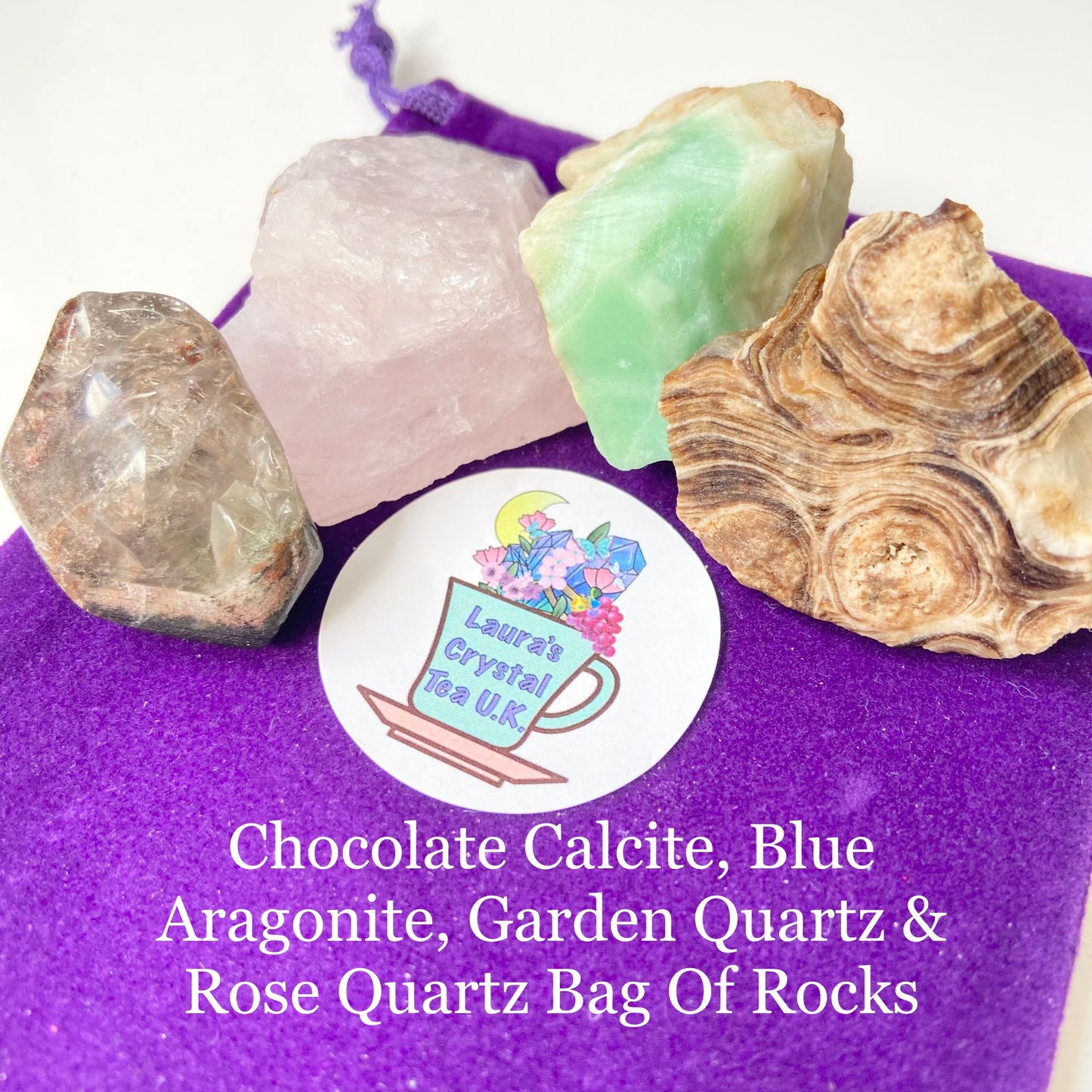 Crystal Gift Bag #22 Chocolate Calcite, Blue Aragonite, Garden Quartz & Rose Quartz Bag Of Rocks